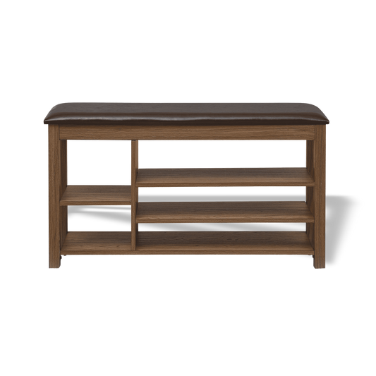 Wooden bench with a leather cushion on a white background