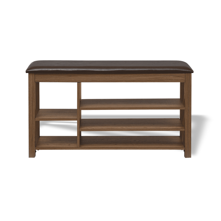 Wooden bench with a leather cushion on a white background