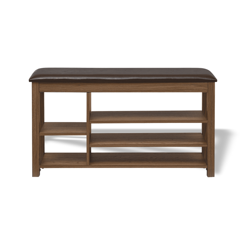 Wooden bench with a leather cushion on a white background