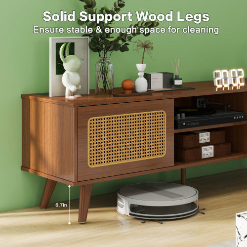Wooden cabinet with solid support wood legs in a room setting, featuring a robot vacuum cleaner.