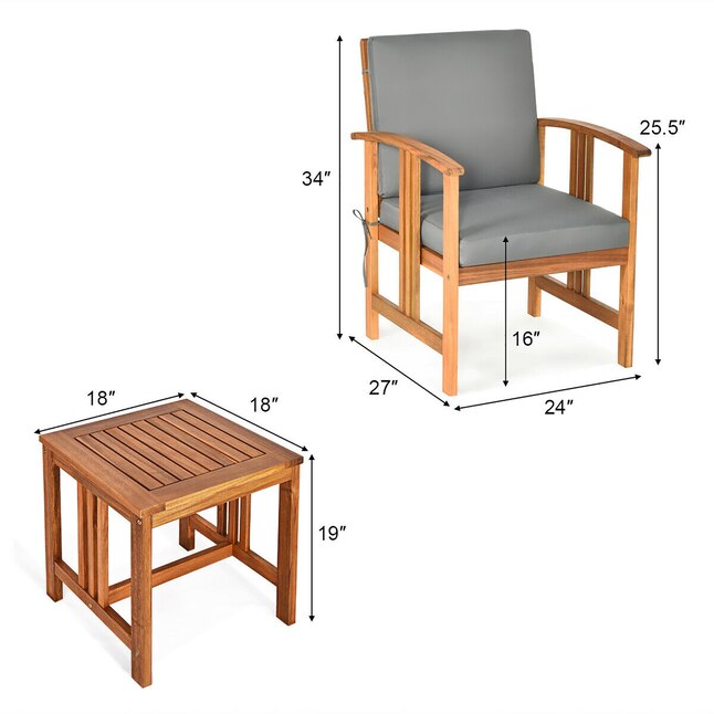 Wooden chair and table with dimensions on a white background
