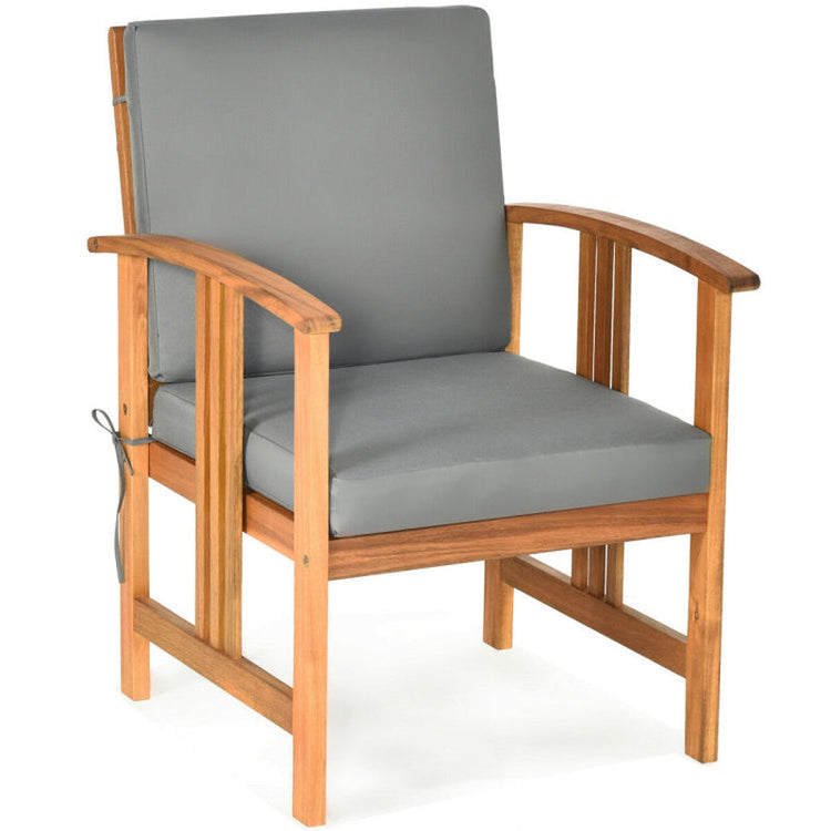 Wooden chair with gray cushions on a white background