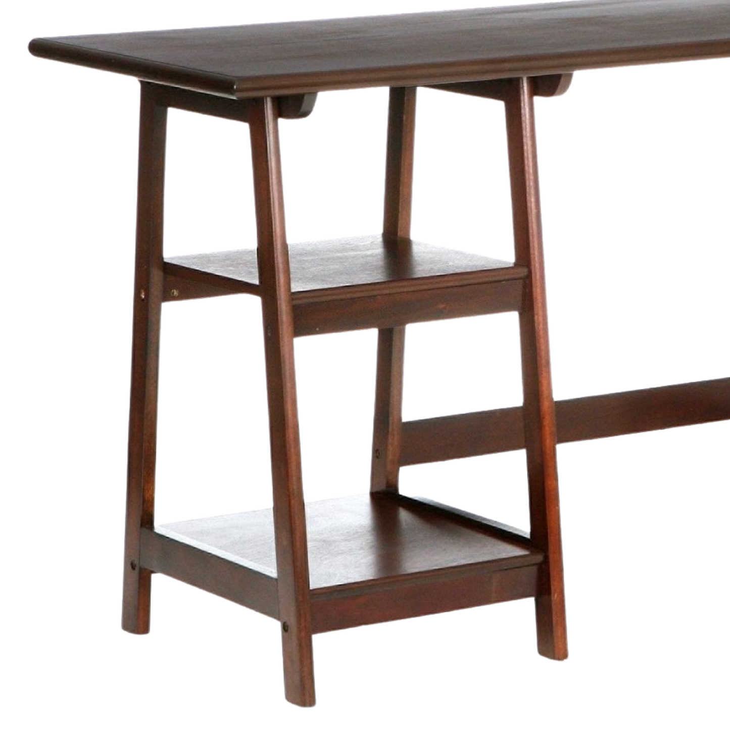 Wooden desk with a shelf on a white background