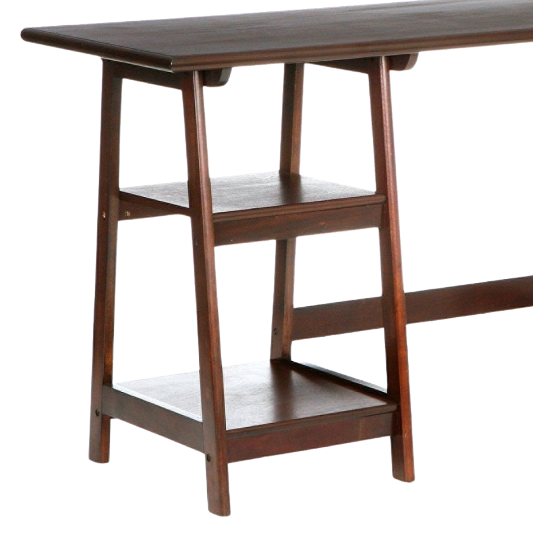 Wooden desk with a shelf on a white background