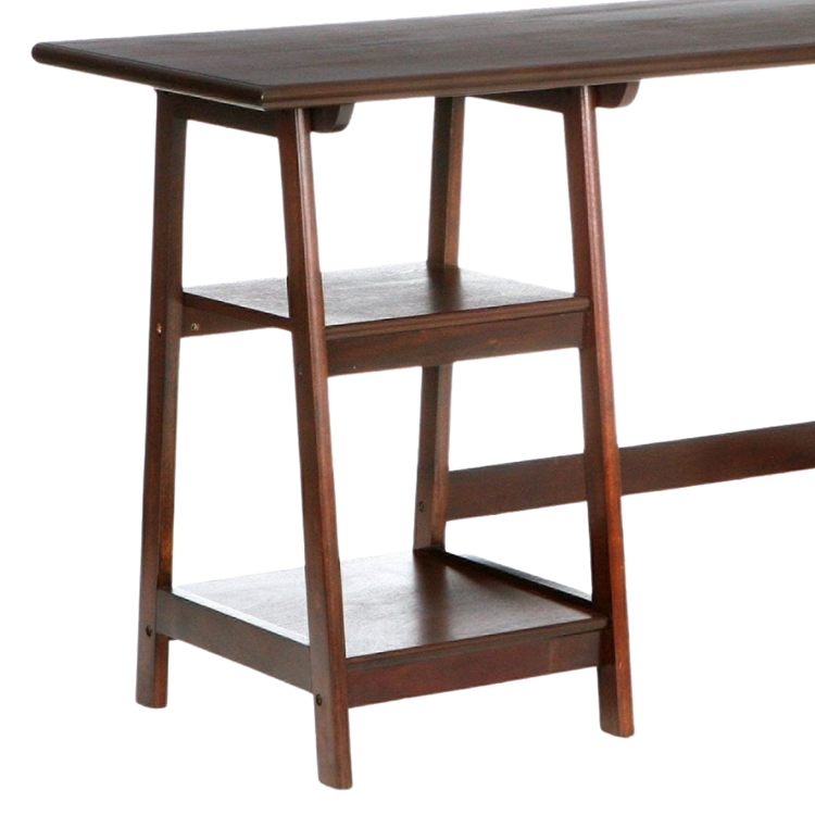 Wooden desk with a shelf on a white background