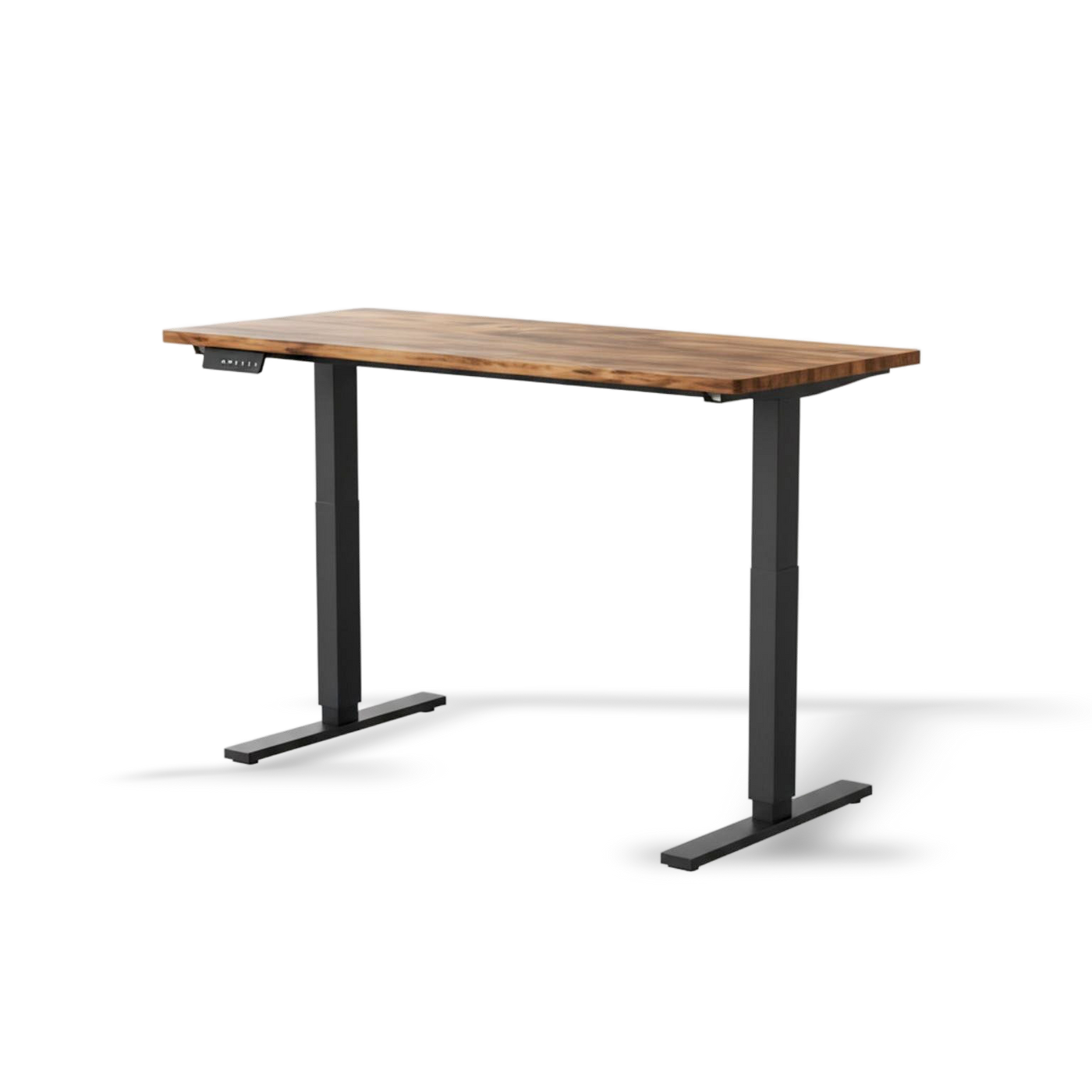 Wooden desk with black metal legs on a white background