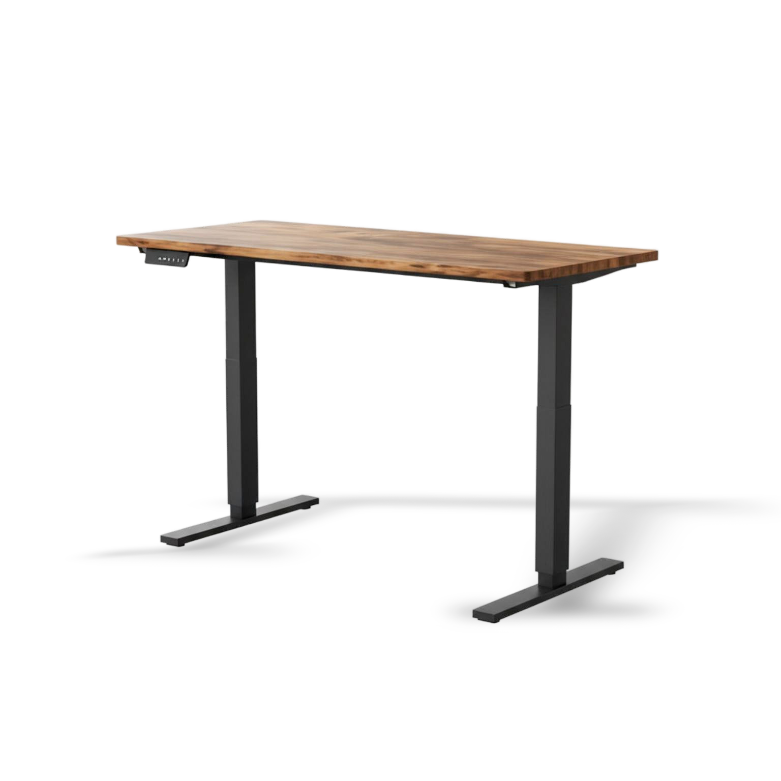 Wooden desk with black metal legs on a white background