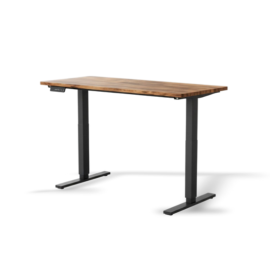 Wooden desk with black metal legs on a white background