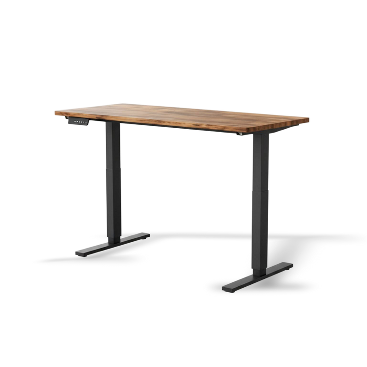 Wooden desk with black metal legs on a white background