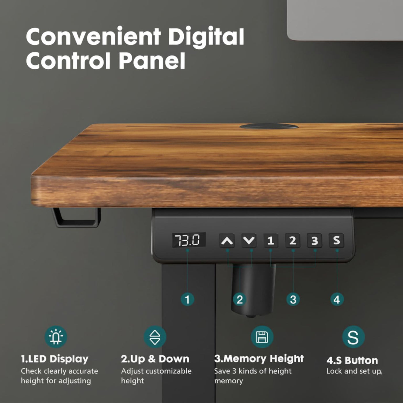 Wooden desk with digital control panel on a dark background