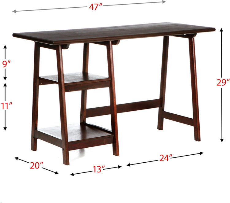 Wooden desk with dimensions labeled on a white background