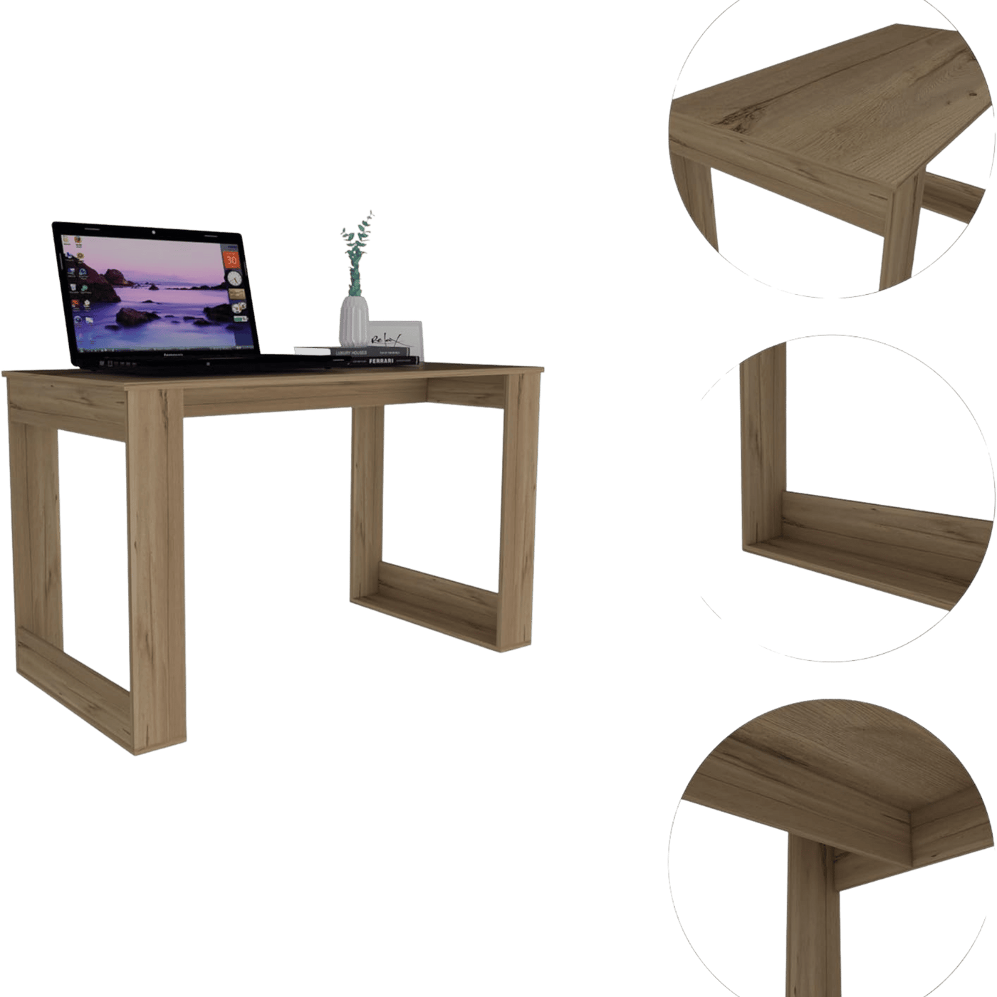 Wooden desk with laptop and decor items on a transparent background