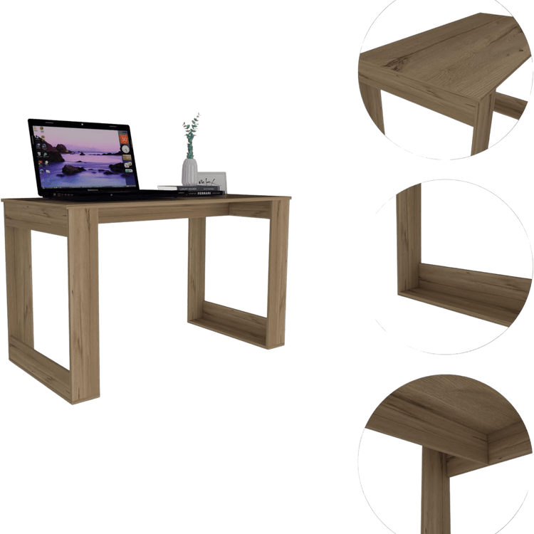 Wooden desk with laptop and decor items on a transparent background