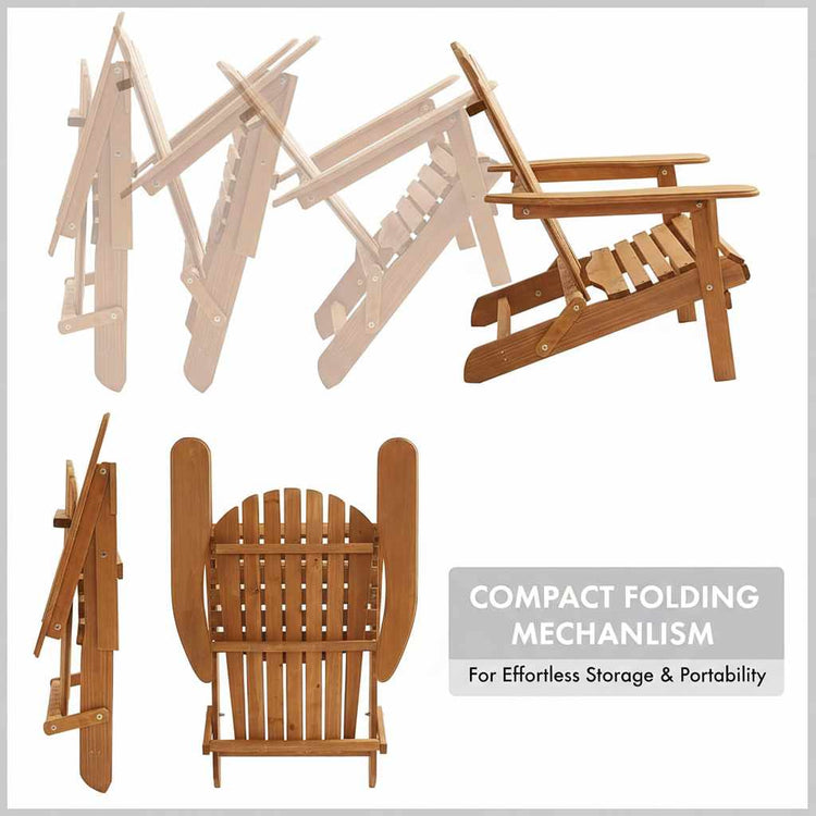Wooden folding Adirondack chair set in Hemlock; lightweight, compact, portable outdoor seating for porch or fire pit.