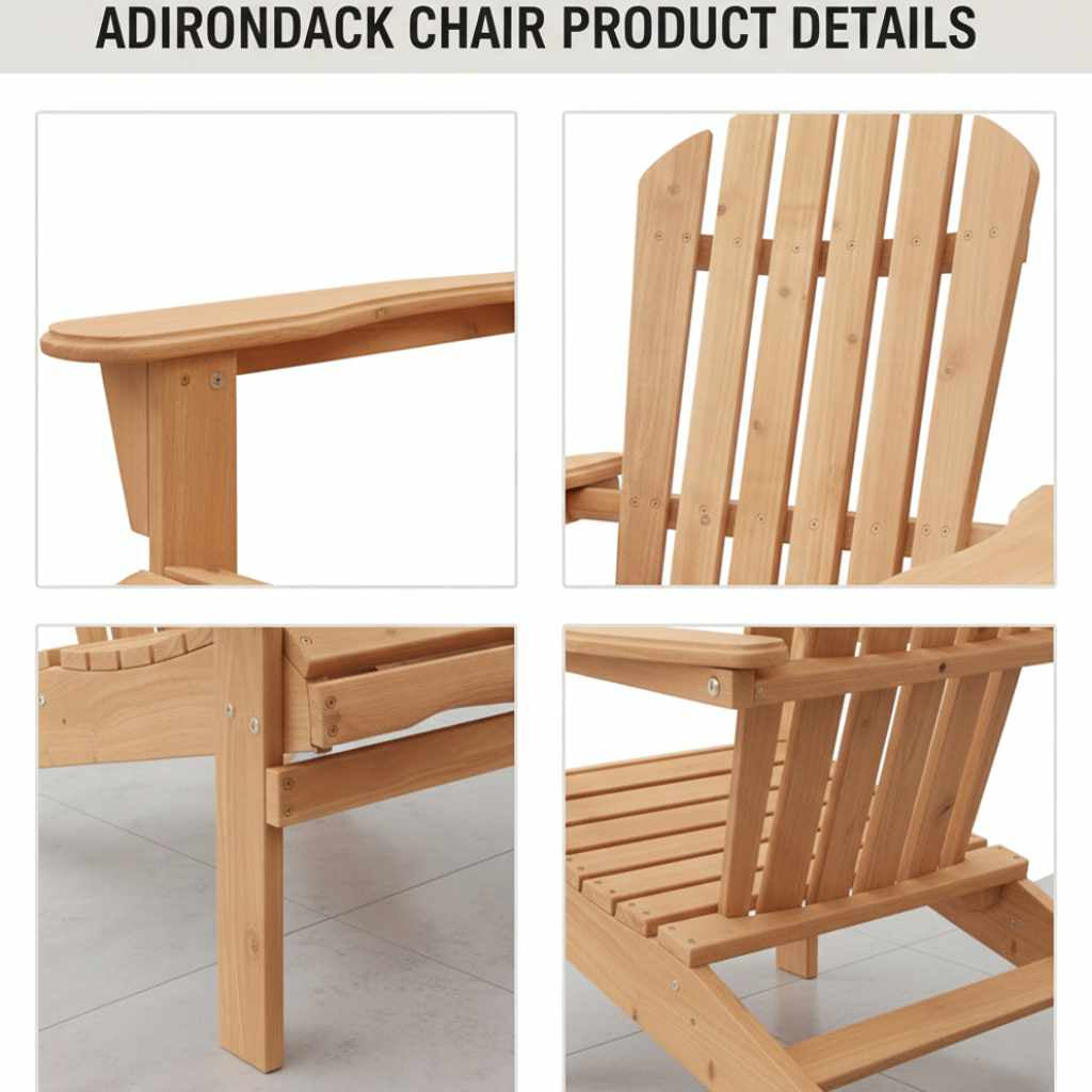 Wooden folding Adirondack chair set in solid hemlock; lightweight, compact outdoor seating.