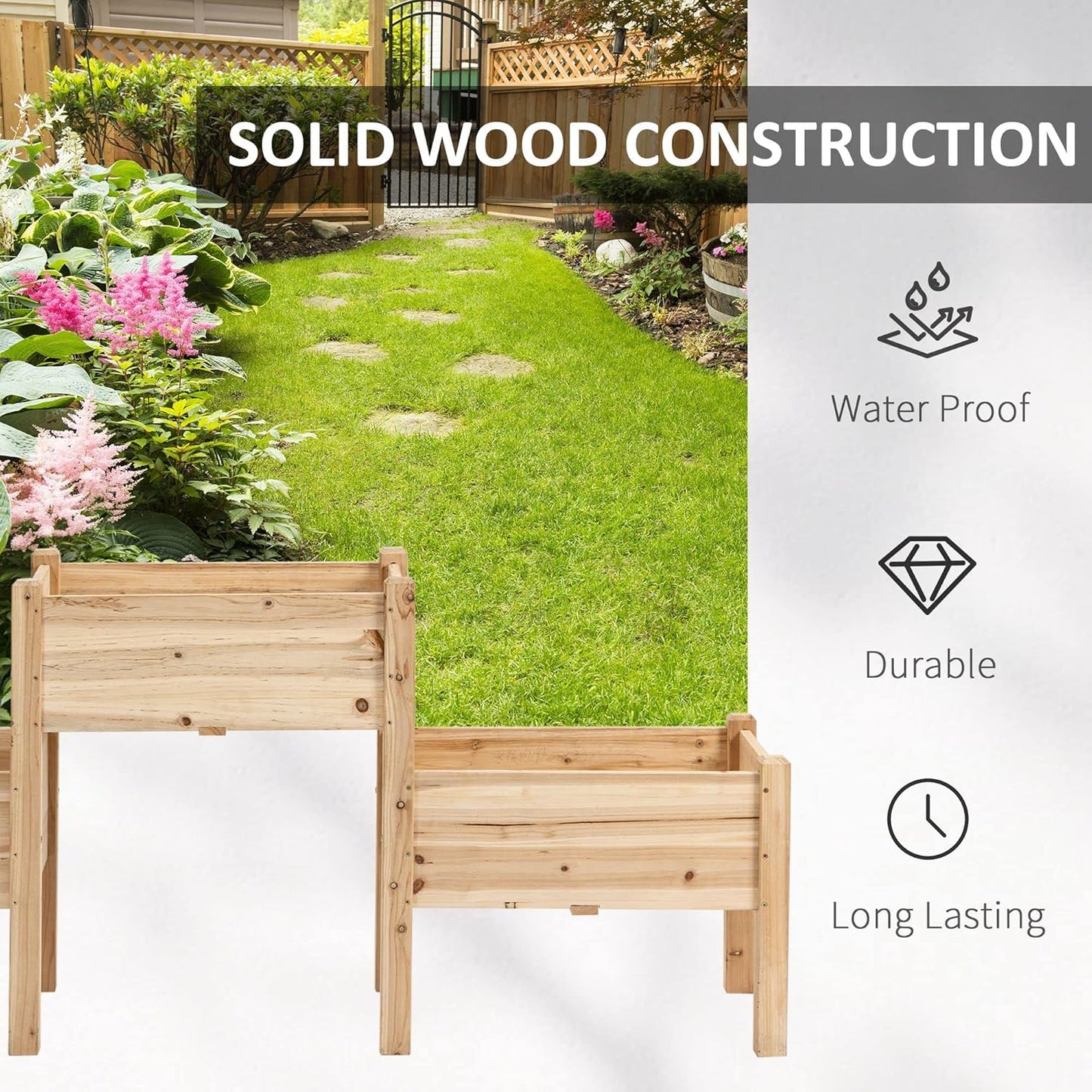 Wooden garden bench with garden scene and feature text on a white background