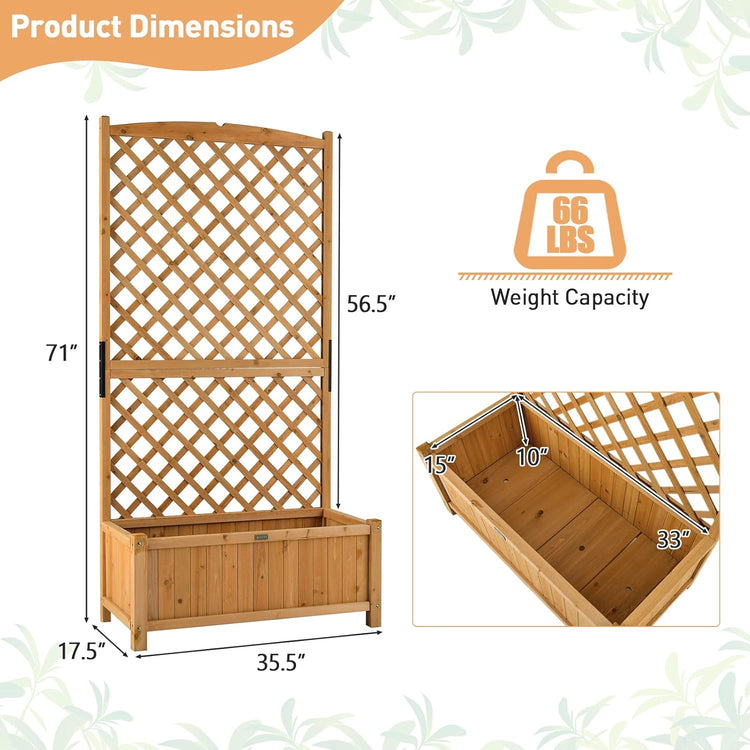 Wooden garden bench with lattice design and product dimensions on a white background