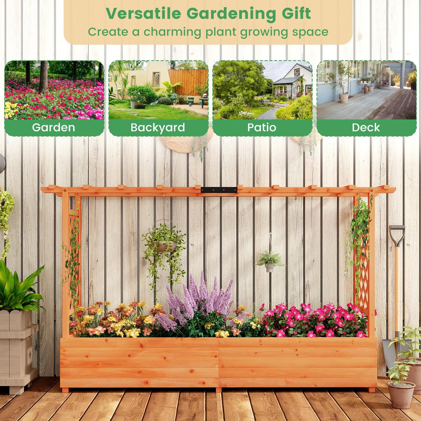 Wooden garden planter with plants on a wooden deck, surrounded by images of gardens, backyards, patios, and decks.