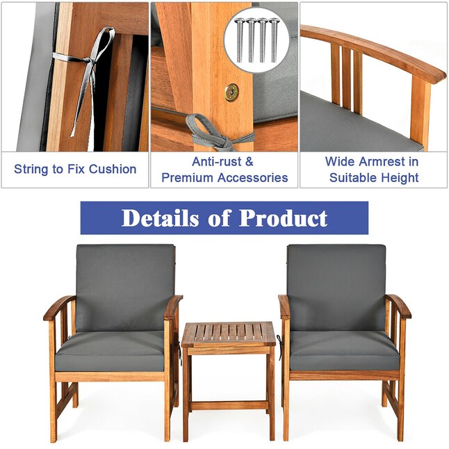 Wooden outdoor furniture set with gray cushions, featuring details of product on a white background.