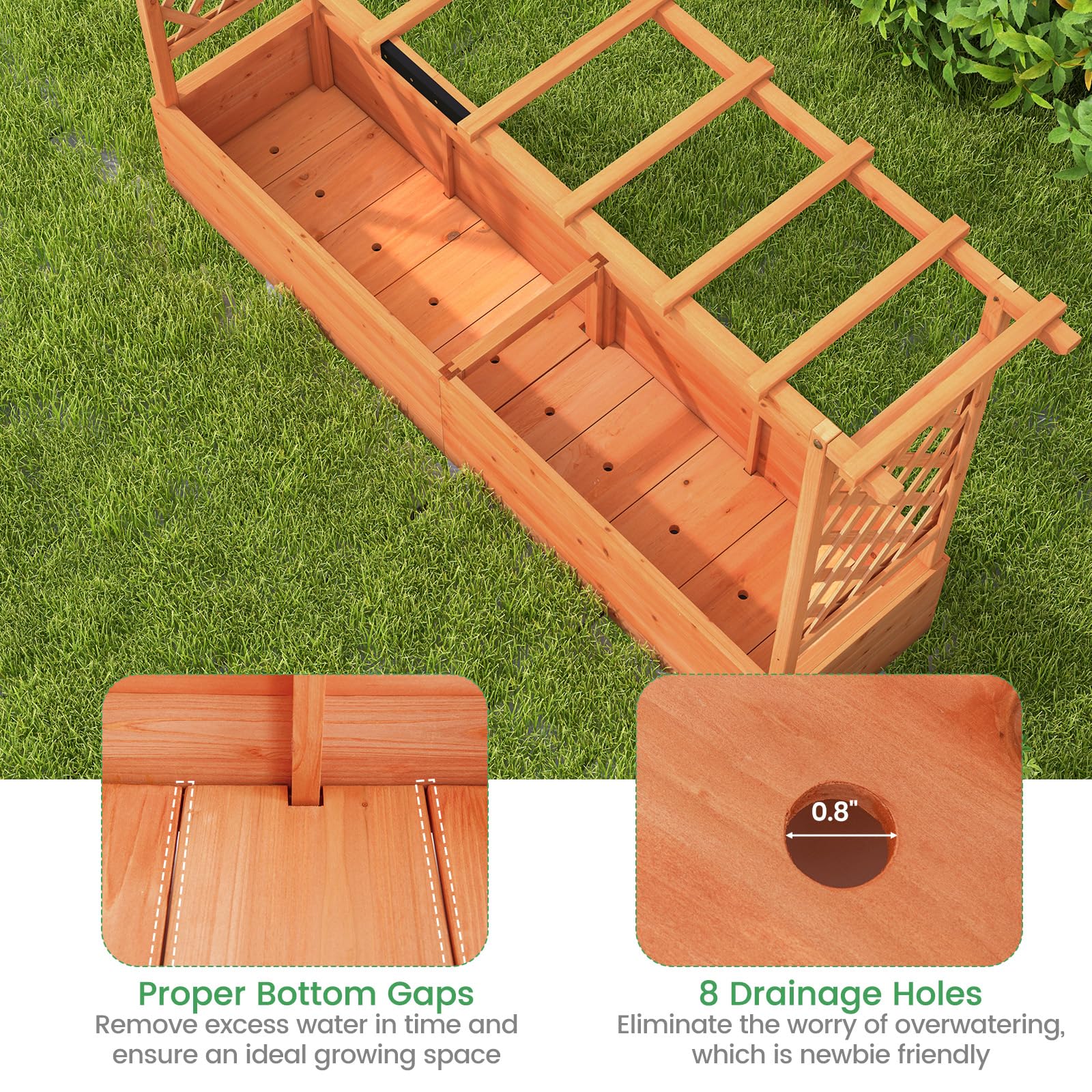 Wooden planter box with drainage holes and bottom gaps on a grass background