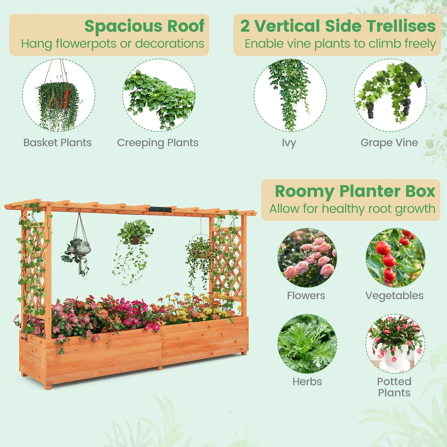 Wooden planter box with trellises and plants on a light green background