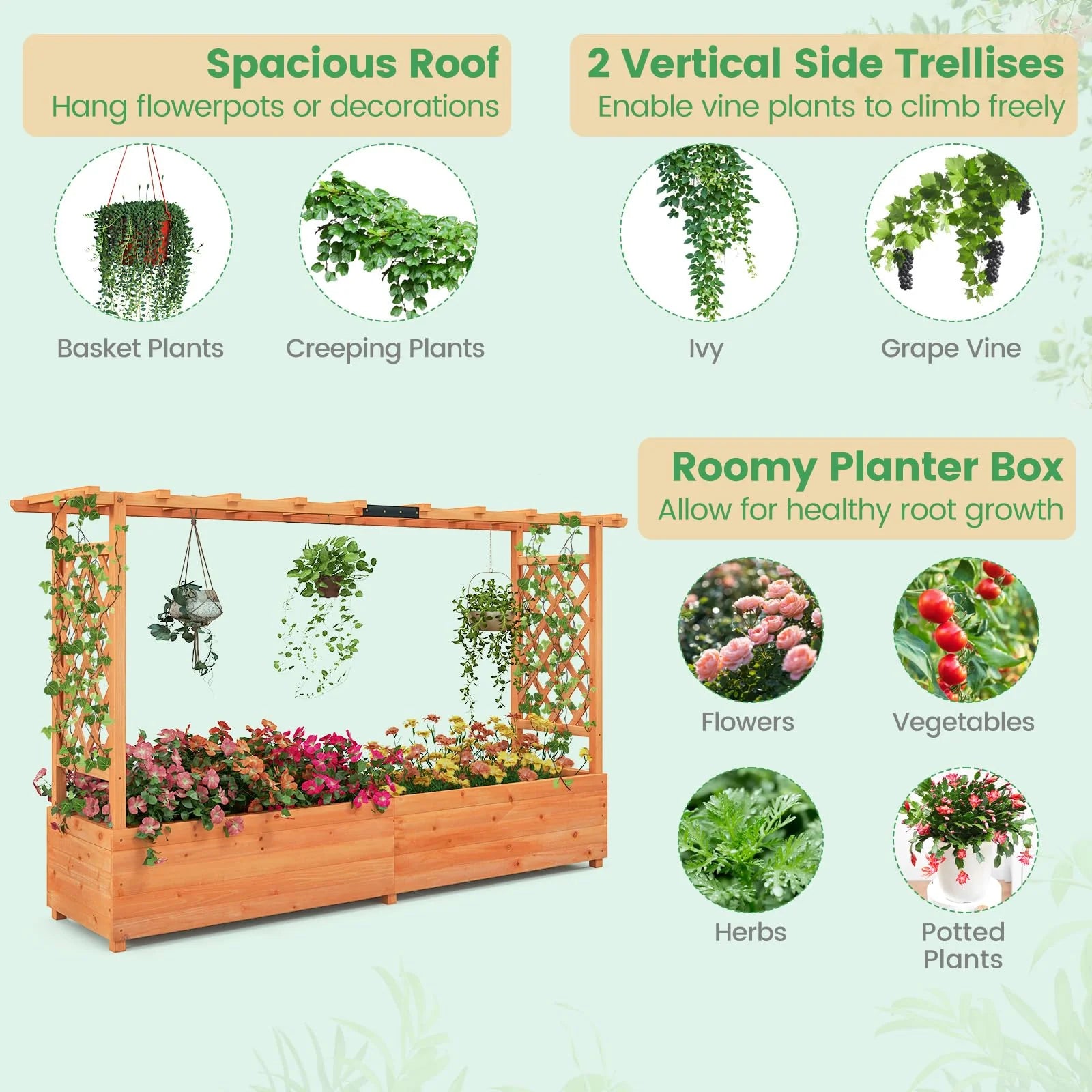 Wooden planter box with trellises and plants on a light green background