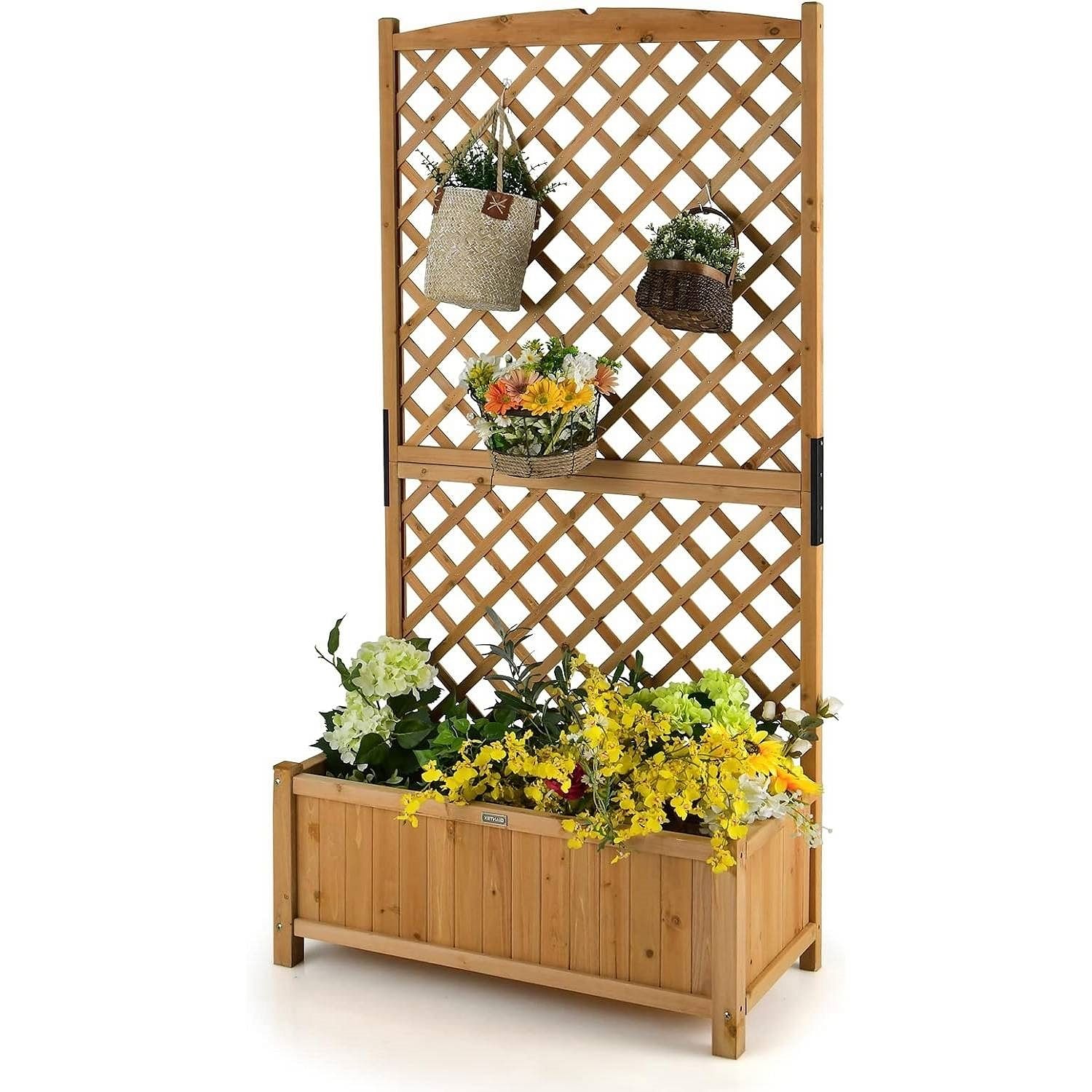 Wooden planter with lattice design and flowers on a white background