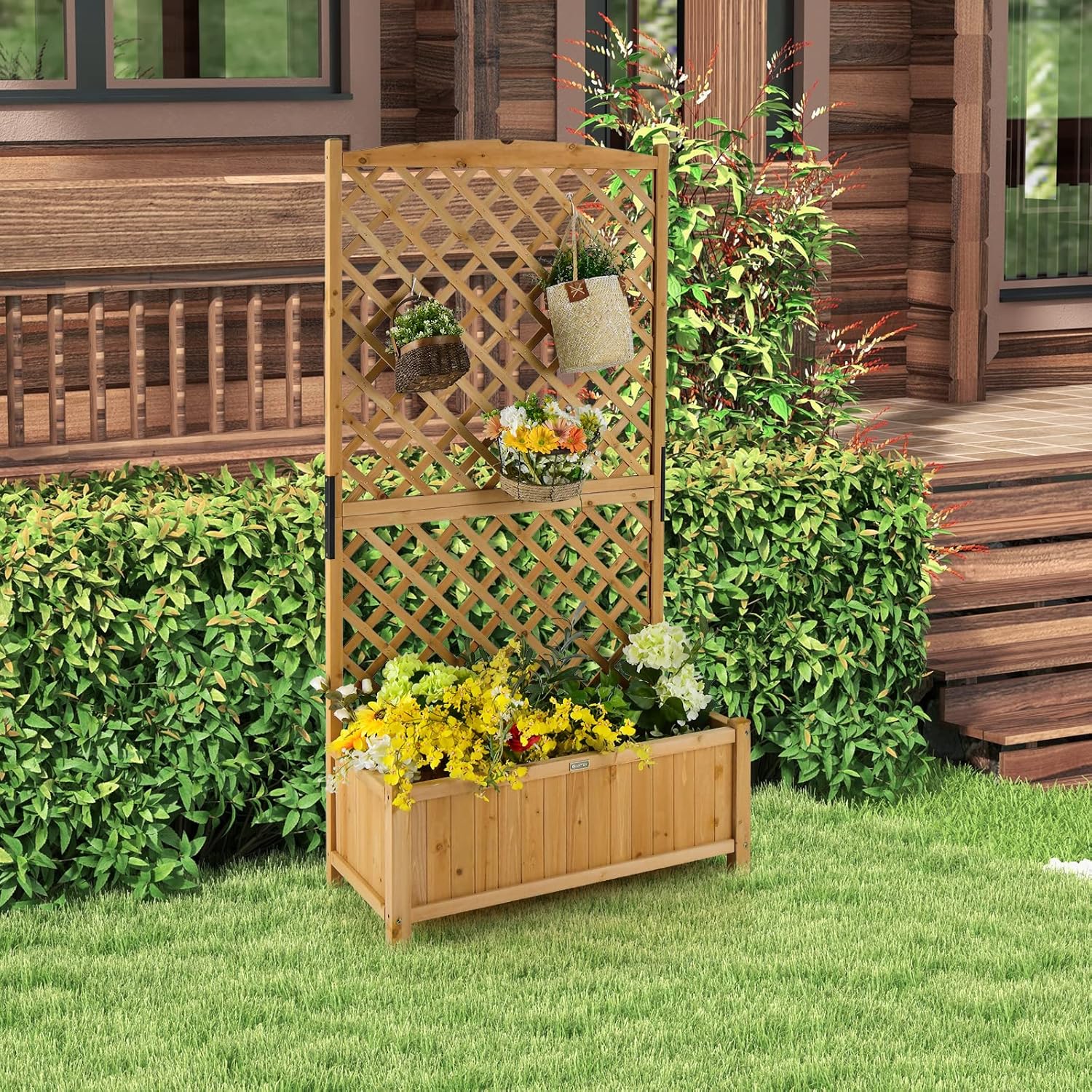 Wooden planter with lattice design filled with plants and flowers 