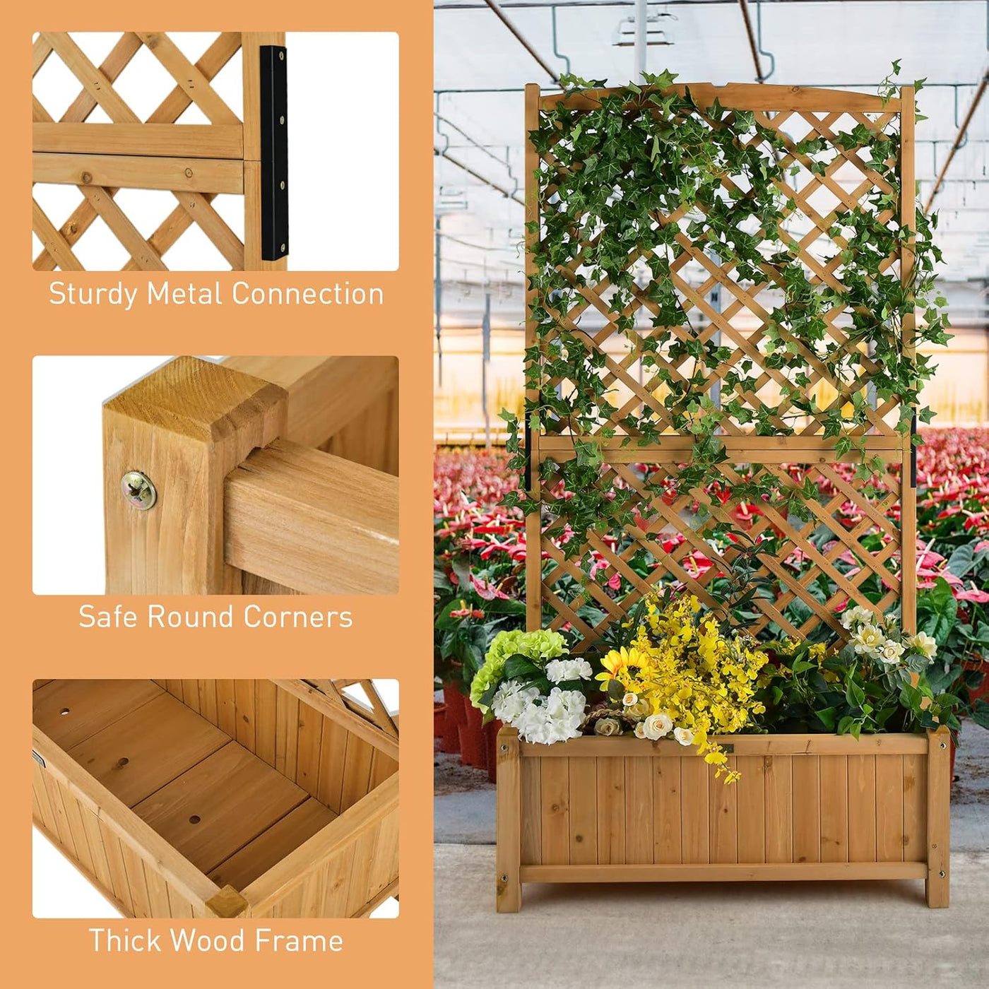 Wooden planter with lattice top and flowers, featuring sturdiness and safety details.