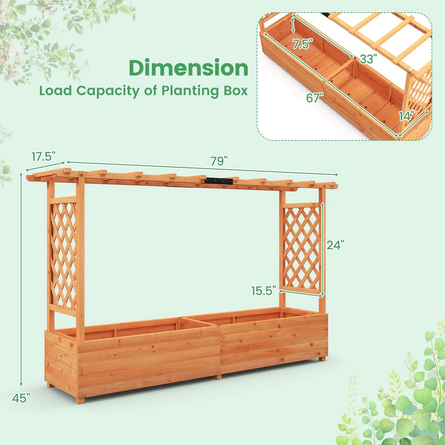 Wooden planters with dimensions and load capacity information on a light green background