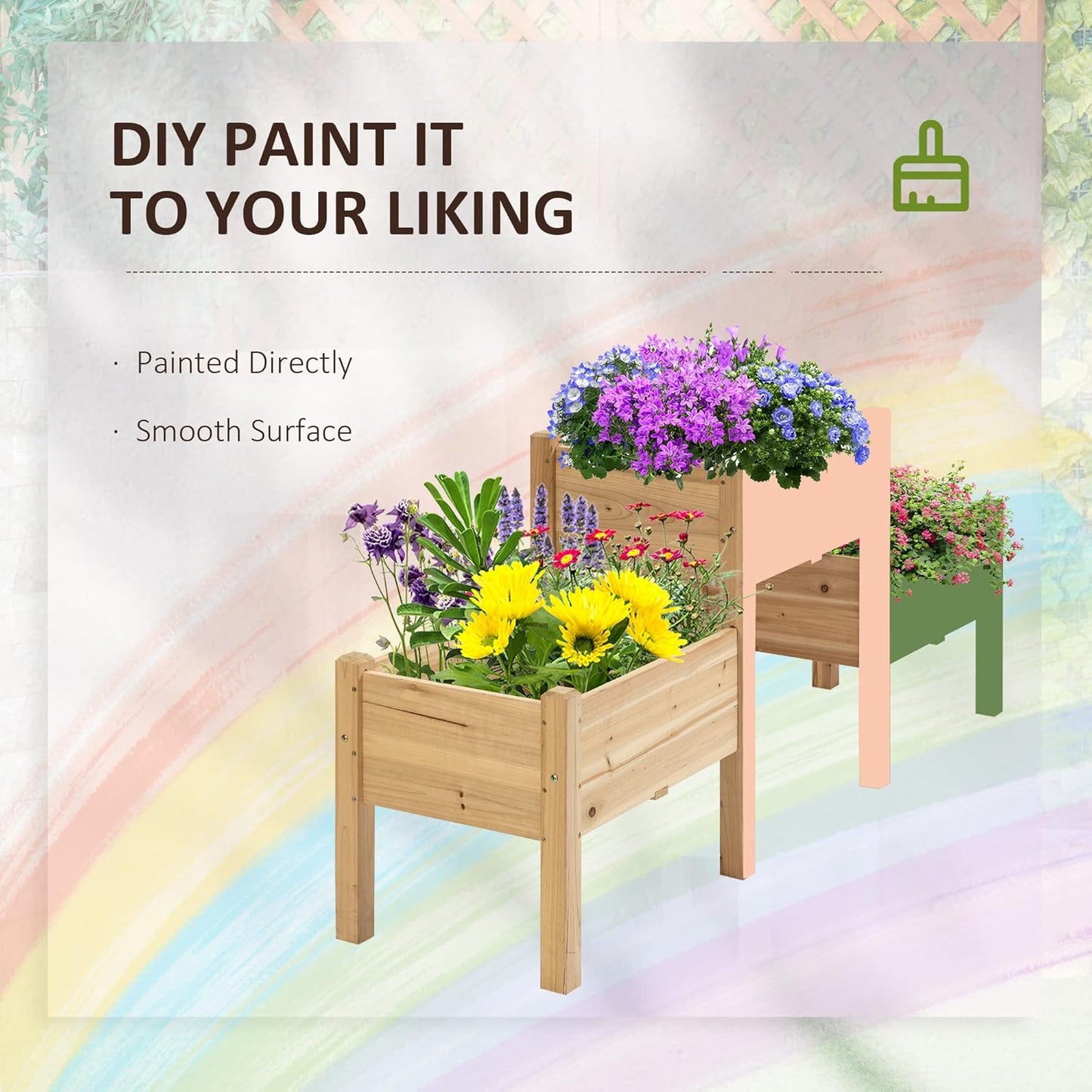 Wooden raised garden bed with flowers and text about DIY painting.