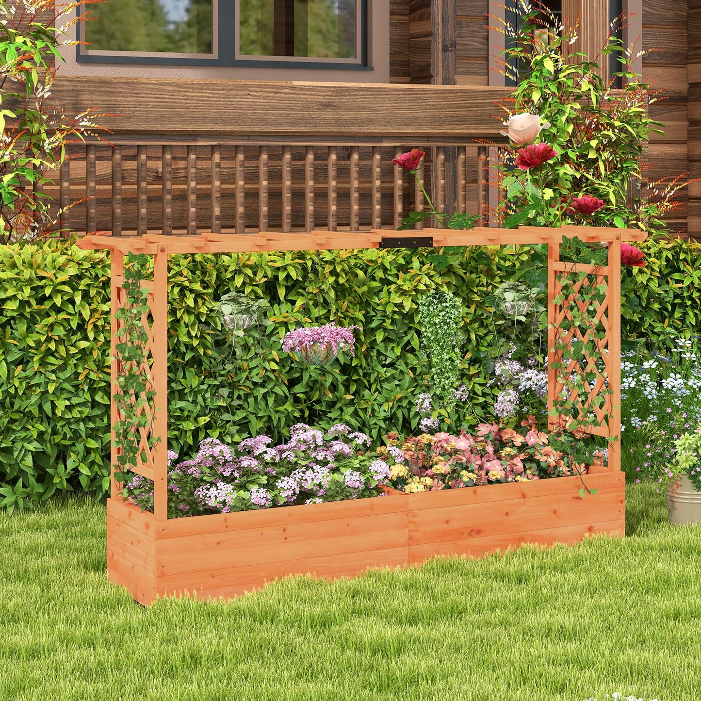 Wooden raised garden bed with trellis and flowers in a garden setting