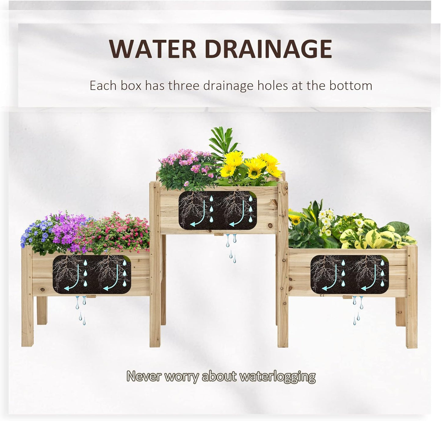 Wooden raised garden beds with plants and water drainage holes, on a white background.