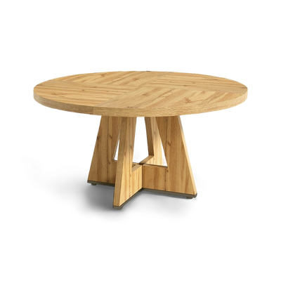 Wooden round table with a unique base design on a white background
