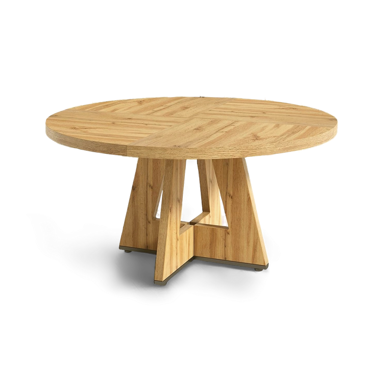 Wooden round table with a unique base design on a white background