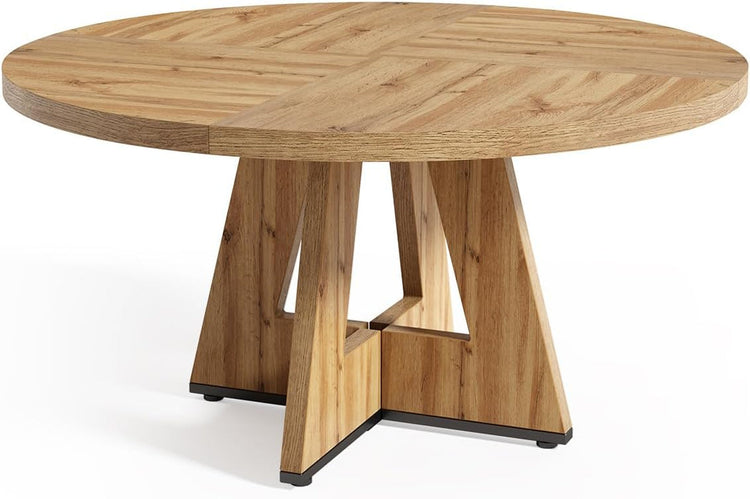 Wooden round table with a unique base design on a white background