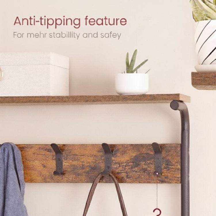 Wooden shelf with hooks and anti-tipping feature description