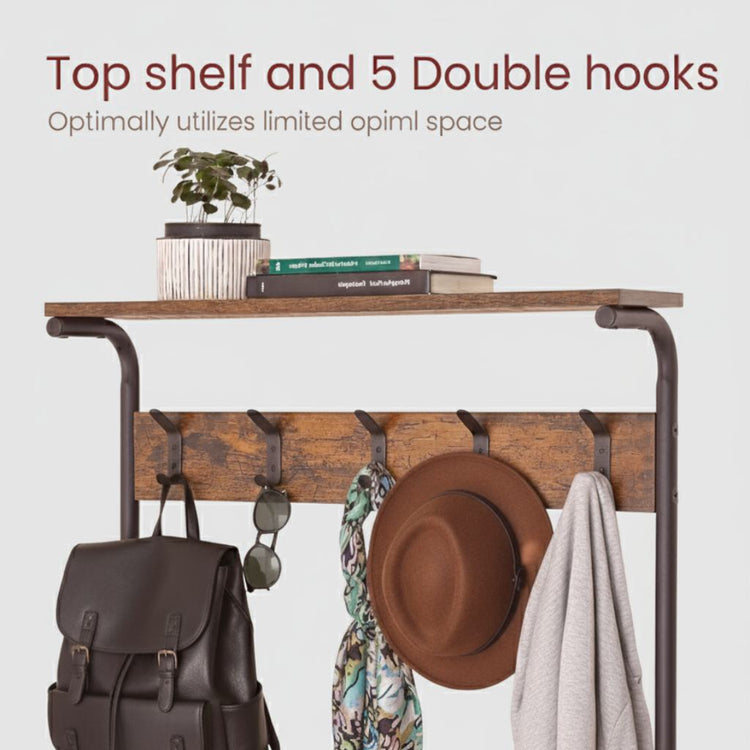 Wooden shelf with top shelf and double hooks, holding a backpack, hat, and books.