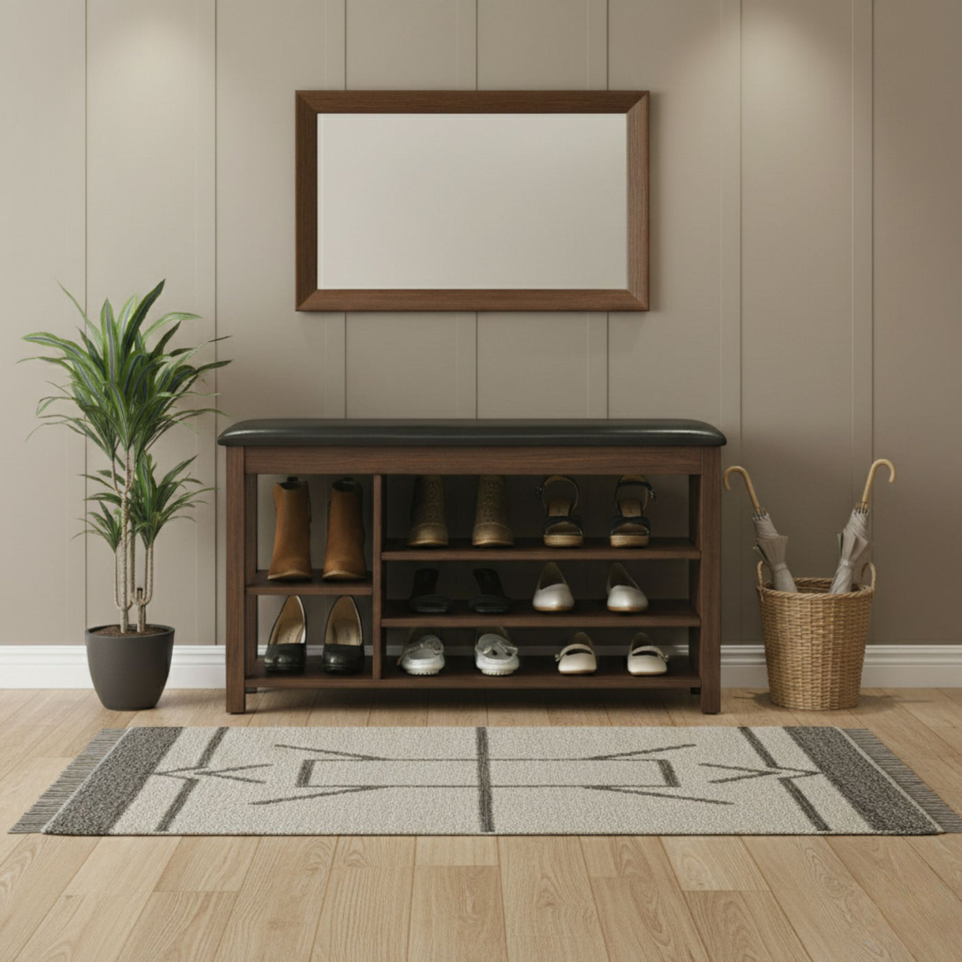 Wooden shoe bench with shoes on shelves in a room with a mirror, plant, and basket.