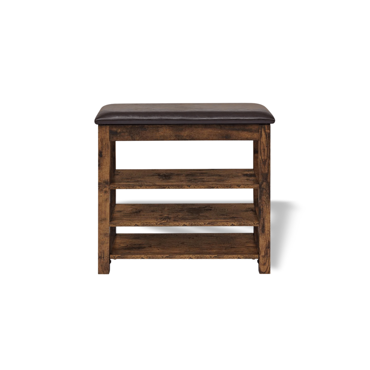 Wooden shoe rack bench with a brown cushion on a white background