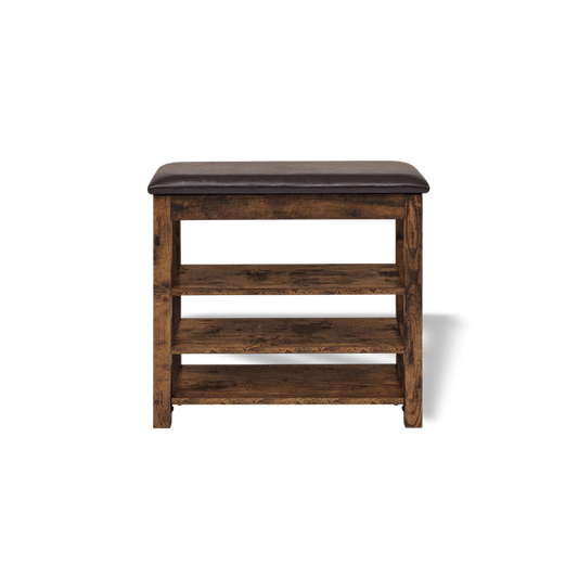 Wooden shoe rack bench with a brown cushion on a white background