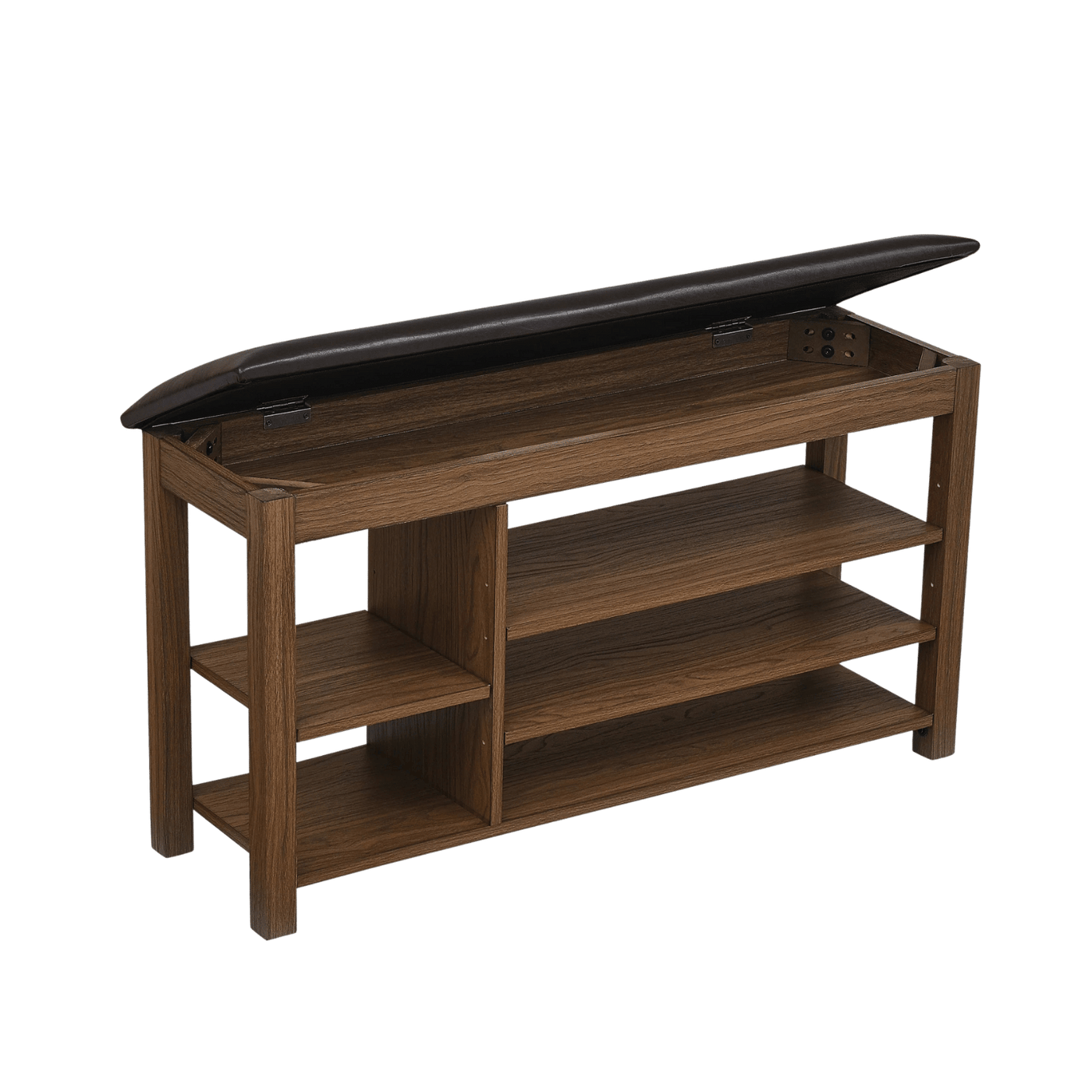 Wooden shoe rack with a hinged lid on a transparent background