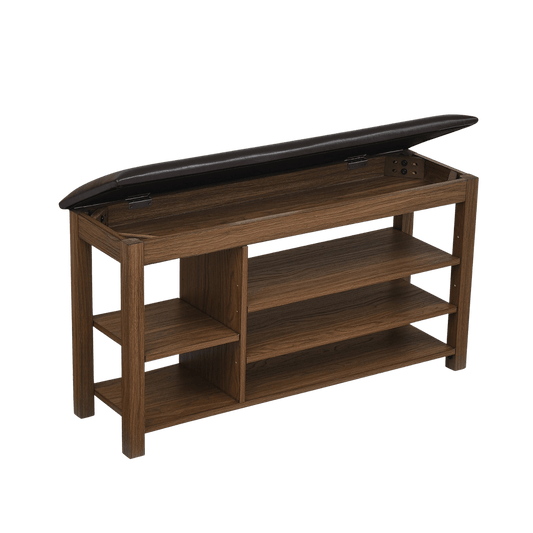 Wooden shoe rack with a hinged lid on a transparent background