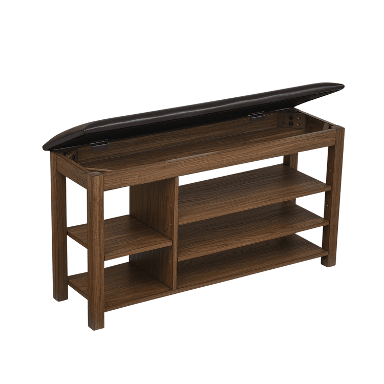 Wooden shoe rack with a hinged lid on a transparent background