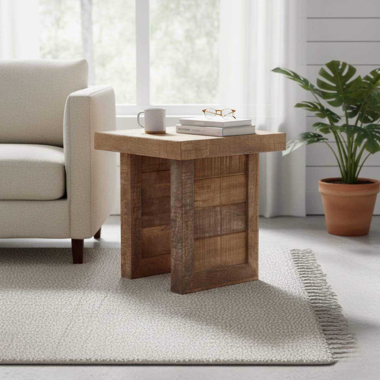 Wooden side table in a living room with a couch, plant, and books.
