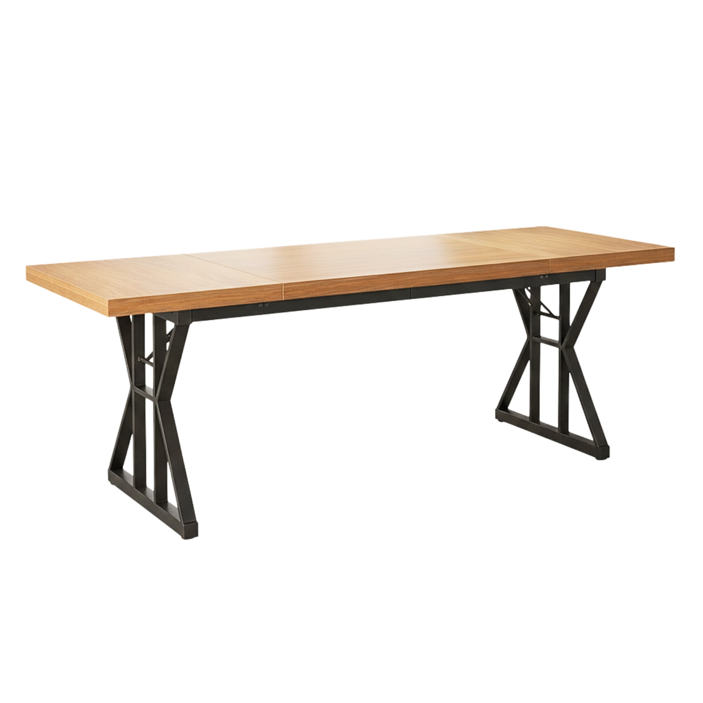 Wooden table with black metal legs on a white background