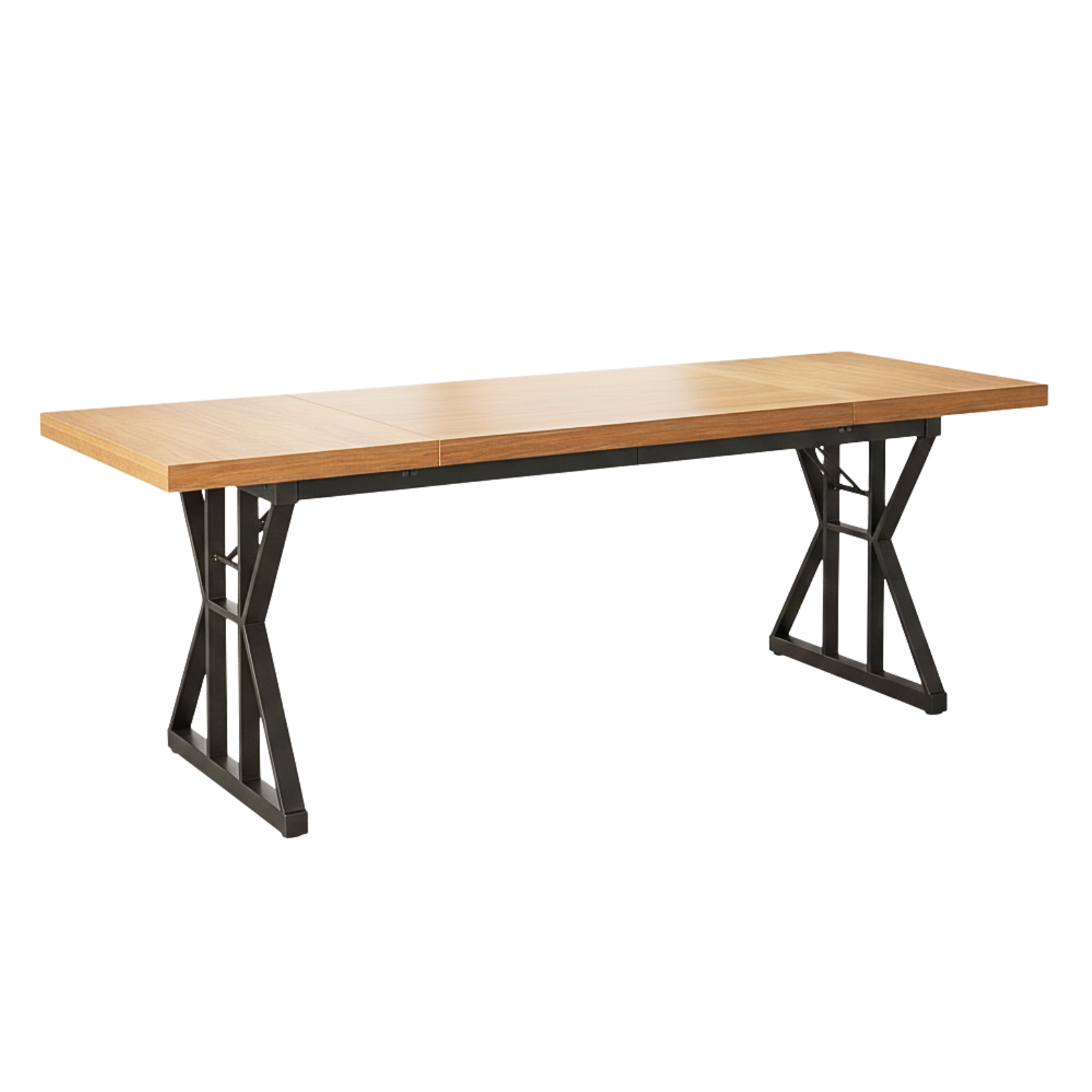 Wooden table with black metal legs on a white background