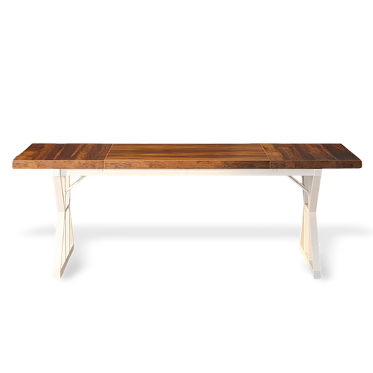 Wooden table with white legs on a white background