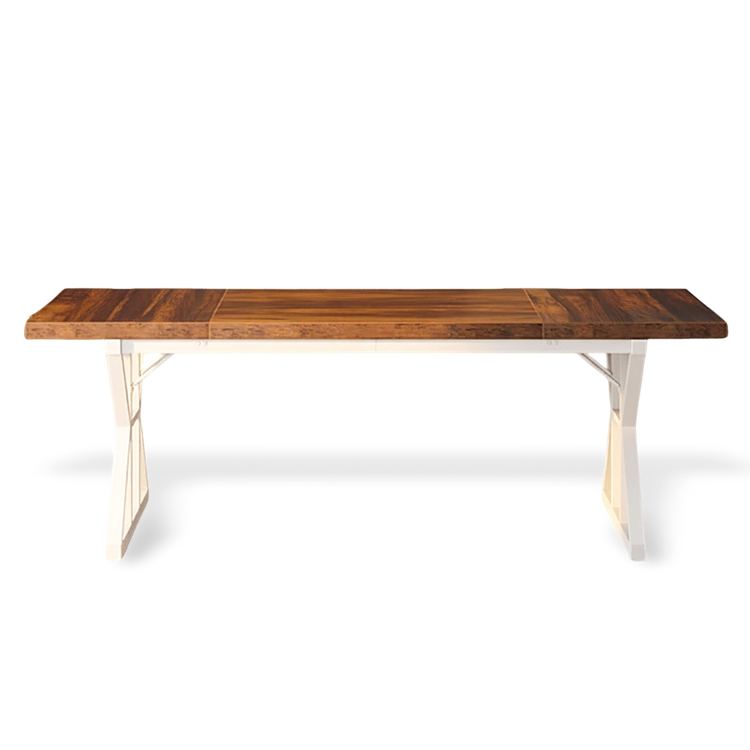 Wooden table with white legs on a white background