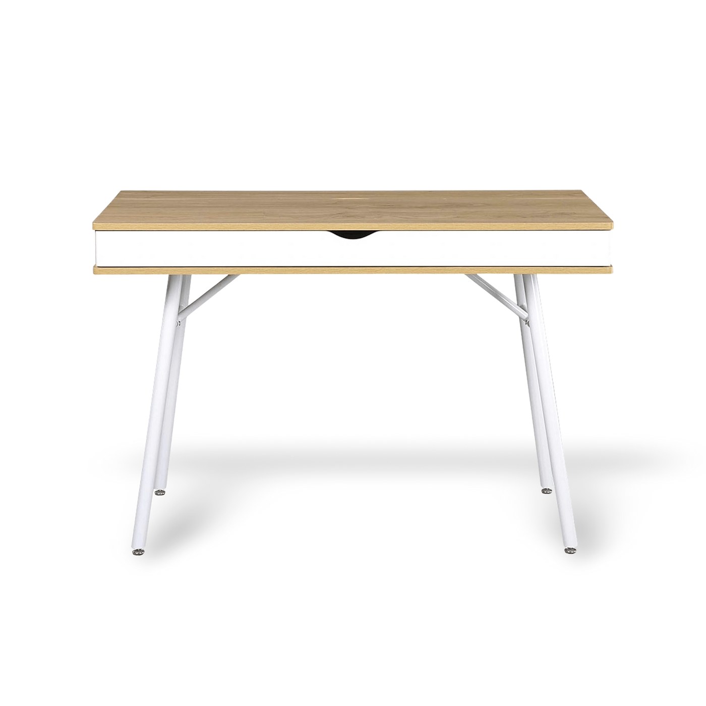 Wooden table with white metal legs on a white background